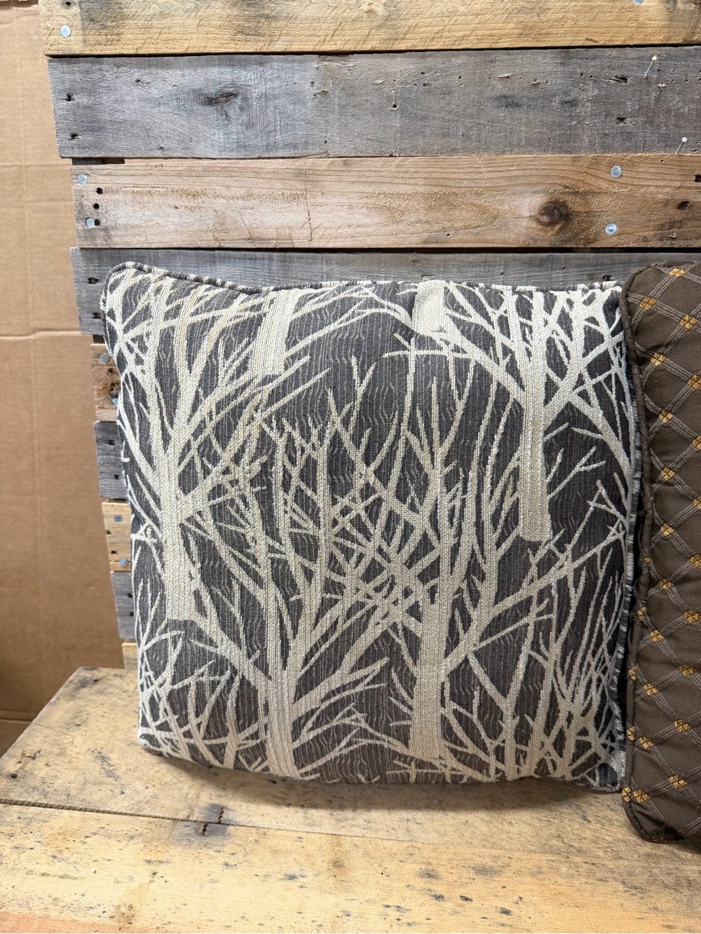 Gray and Cream Woodland Branch Accent Pillow